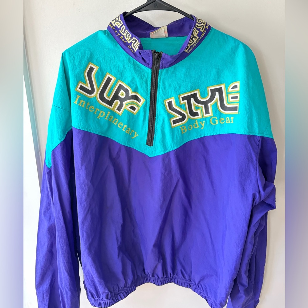 Vintage 90s Surf Style Colorblock Windbreaker Pullover Teal Purple Retro Jacket